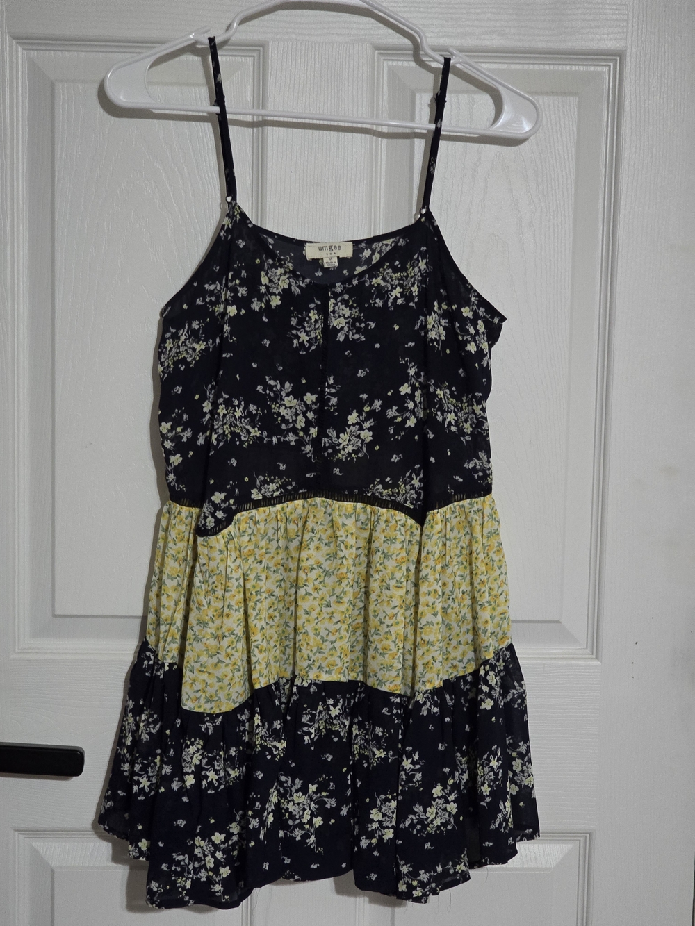 Umgee Navy and Yellow Floral Tiered Midi Dress